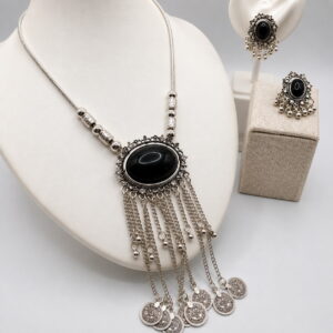 Oxidized Mala Necklace With Big Stone Pendant & Earrings
