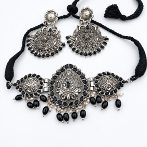 Antique Indian Oxidized Silver Choker Set With Jhumka